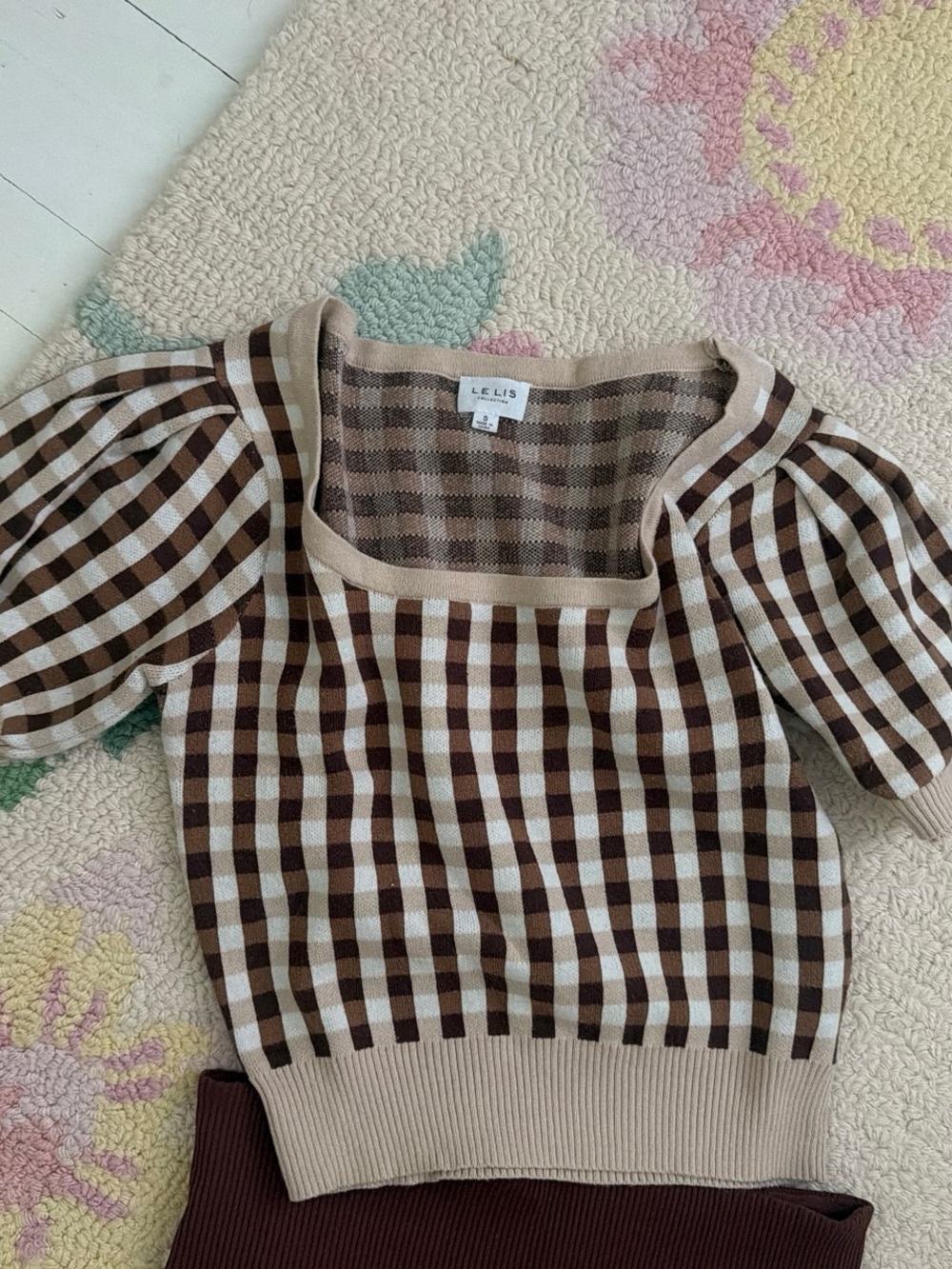 Le Lis Brown and Cream Gingham Knit Top